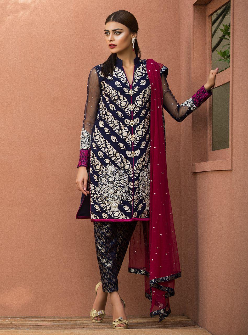 Zainab Chottani | Semi Formals | NAVY BLUE FLORAL DRESS - Aqsa Fabrics