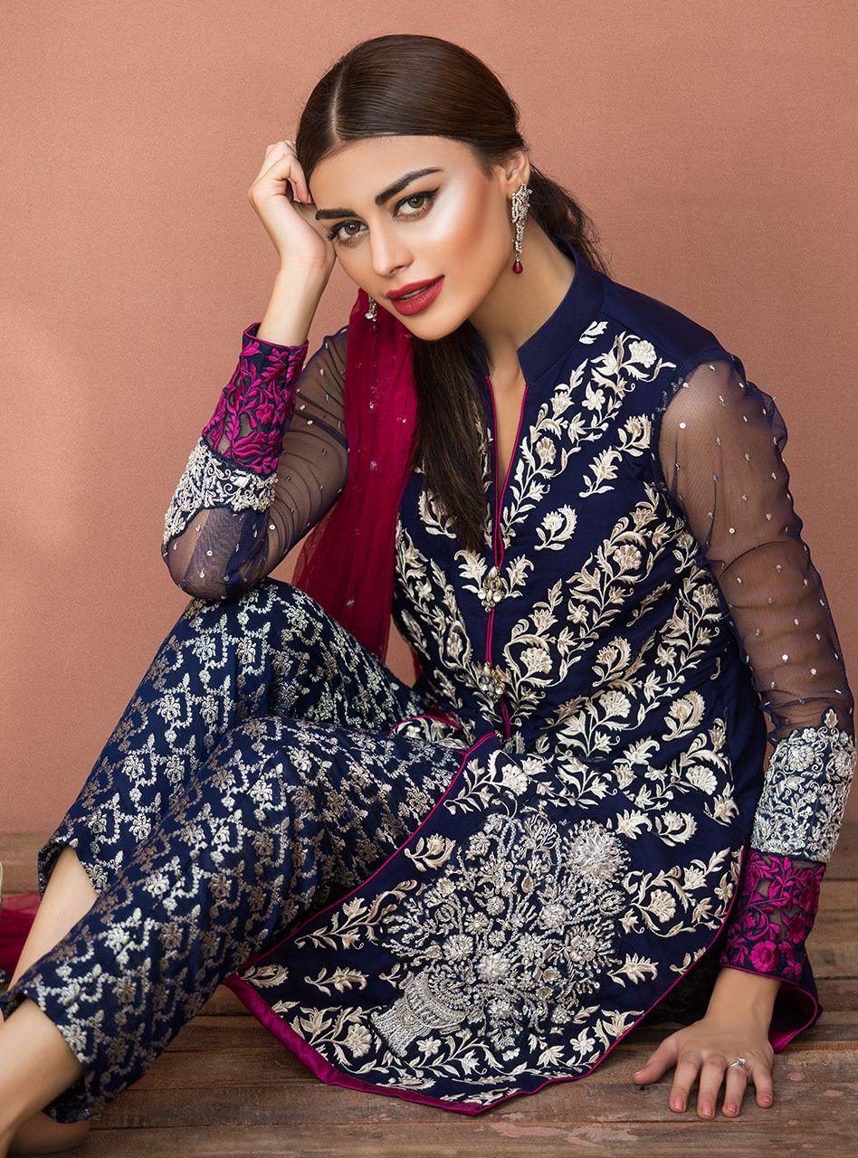 Zainab Chottani | Semi Formals | NAVY BLUE FLORAL DRESS - Aqsa Fabrics