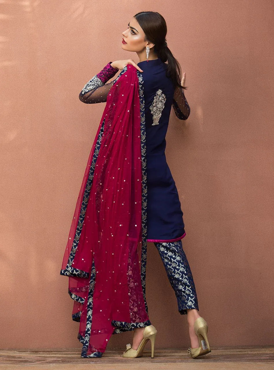 Zainab Chottani | Semi Formals | NAVY BLUE FLORAL DRESS - Aqsa Fabrics