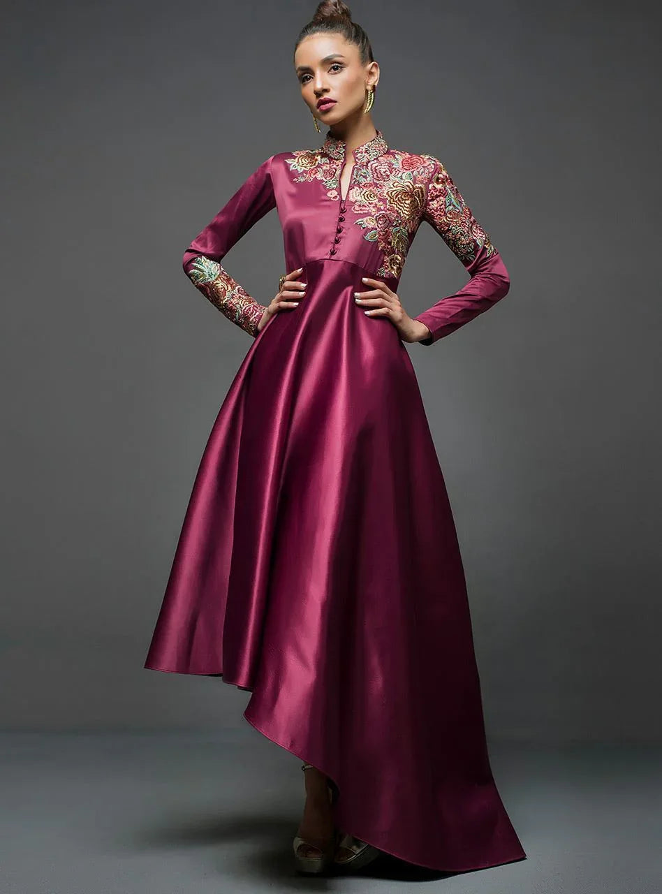 Zainab Chottani | Semi Formals | MAROON GOWN ASYMMETRICAL - Aqsa Fabrics