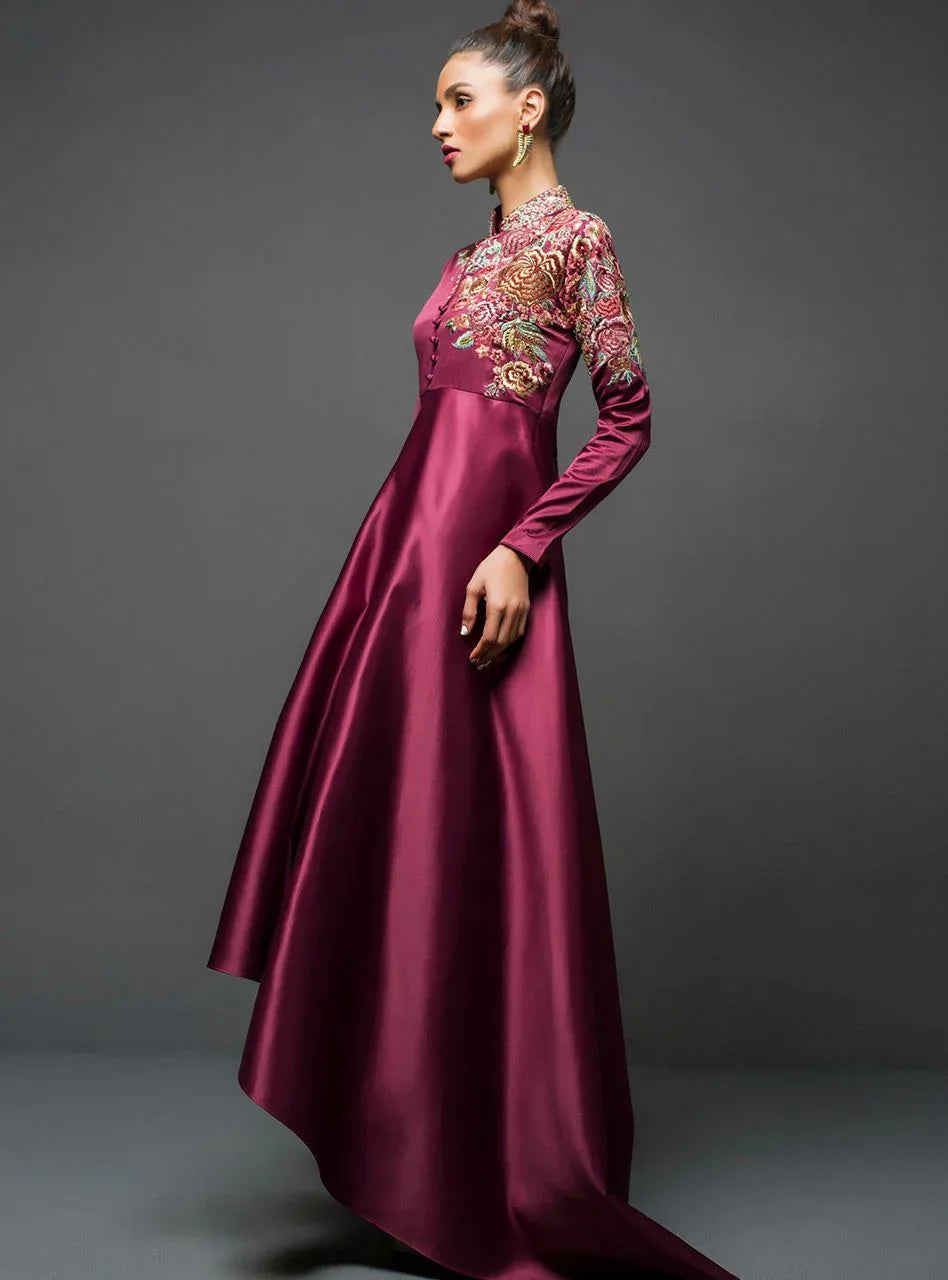 Zainab Chottani | Semi Formals | MAROON GOWN ASYMMETRICAL - Aqsa Fabrics