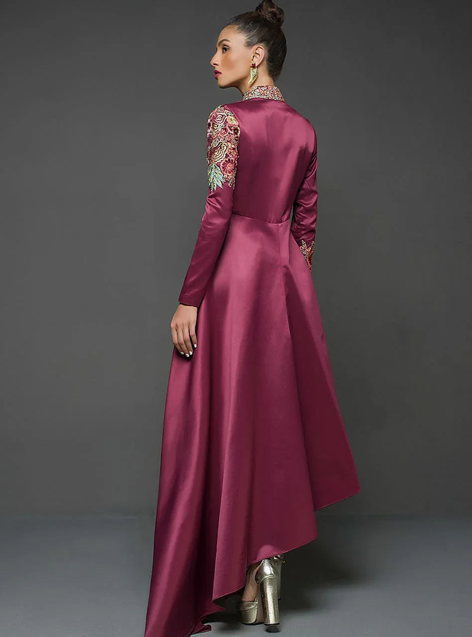 Zainab Chottani | Semi Formals | MAROON GOWN ASYMMETRICAL - Aqsa Fabrics