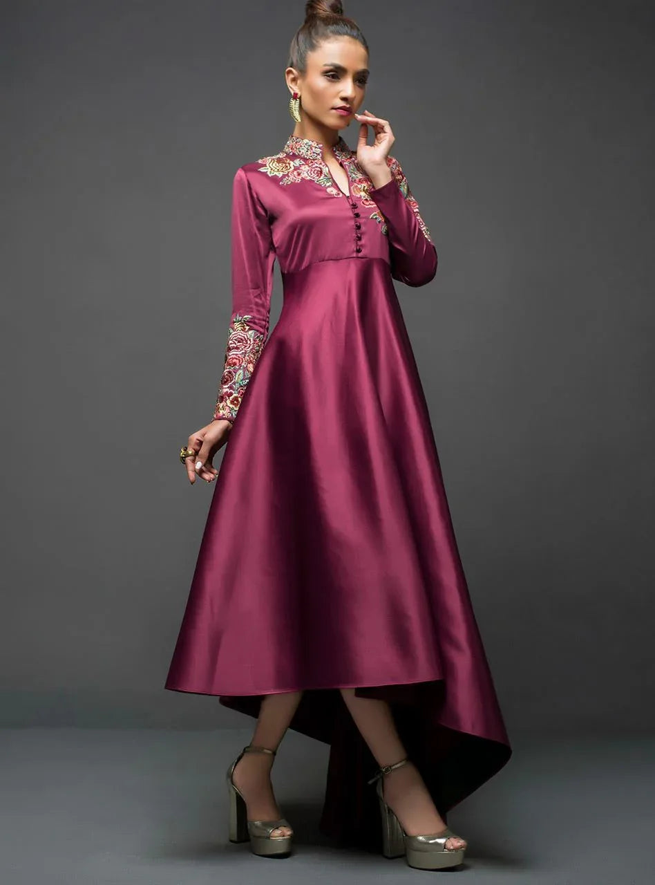 Zainab Chottani | Semi Formals | MAROON GOWN ASYMMETRICAL - Aqsa Fabrics