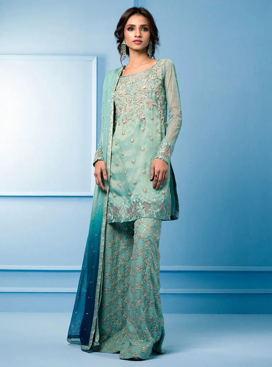 Zainab Chottani | Semi Formals | AQUA AND TEAL - Aqsa Fabrics