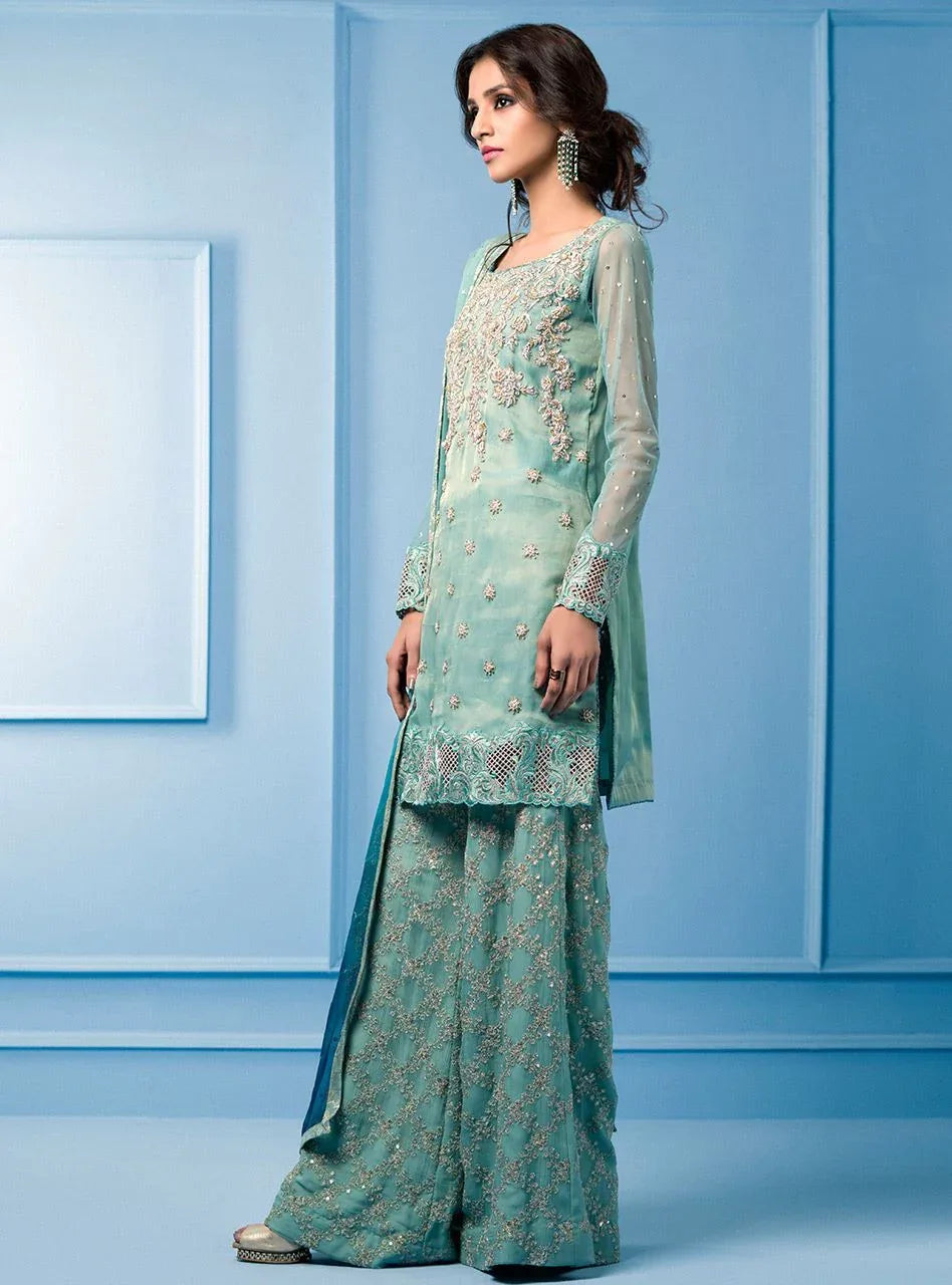 Zainab Chottani | Semi Formals | AQUA AND TEAL - Aqsa Fabrics