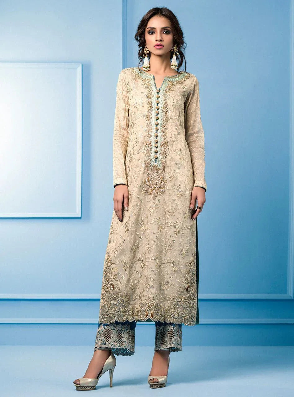 Zainab Chottani | Semi Formals | BEIGE AND TURQUOISE - Aqsa Fabrics