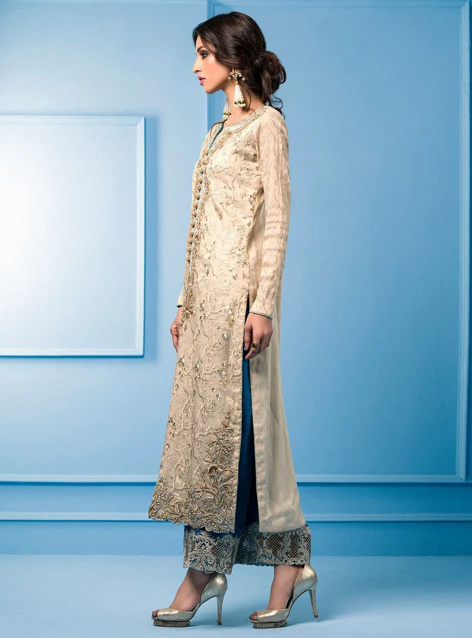 Zainab Chottani | Semi Formals | BEIGE AND TURQUOISE - Aqsa Fabrics