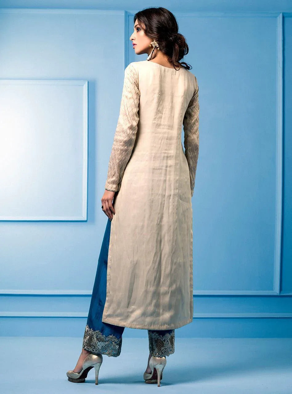 Zainab Chottani | Semi Formals | BEIGE AND TURQUOISE - Aqsa Fabrics