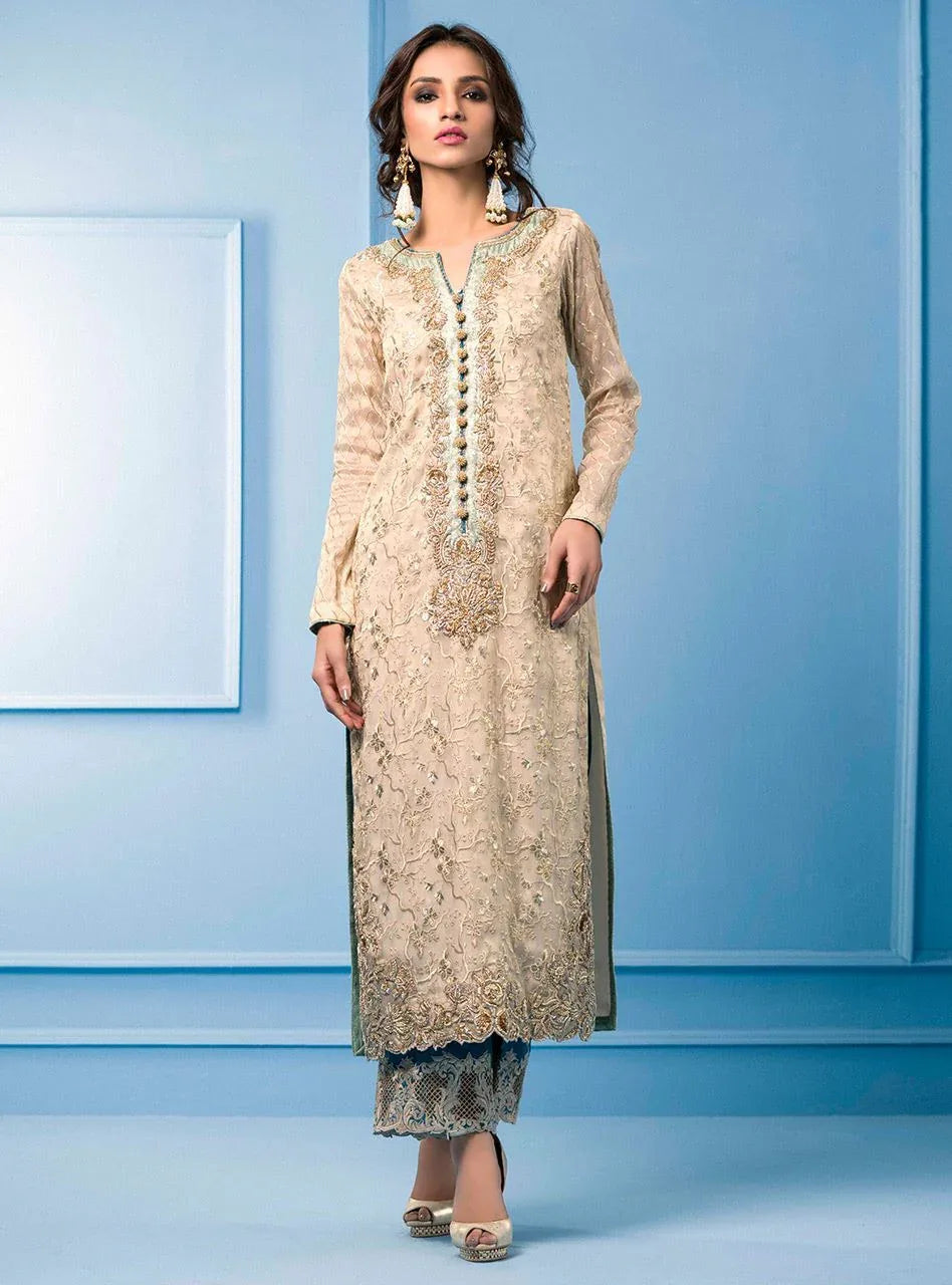 Zainab Chottani | Semi Formals | BEIGE AND TURQUOISE - Aqsa Fabrics