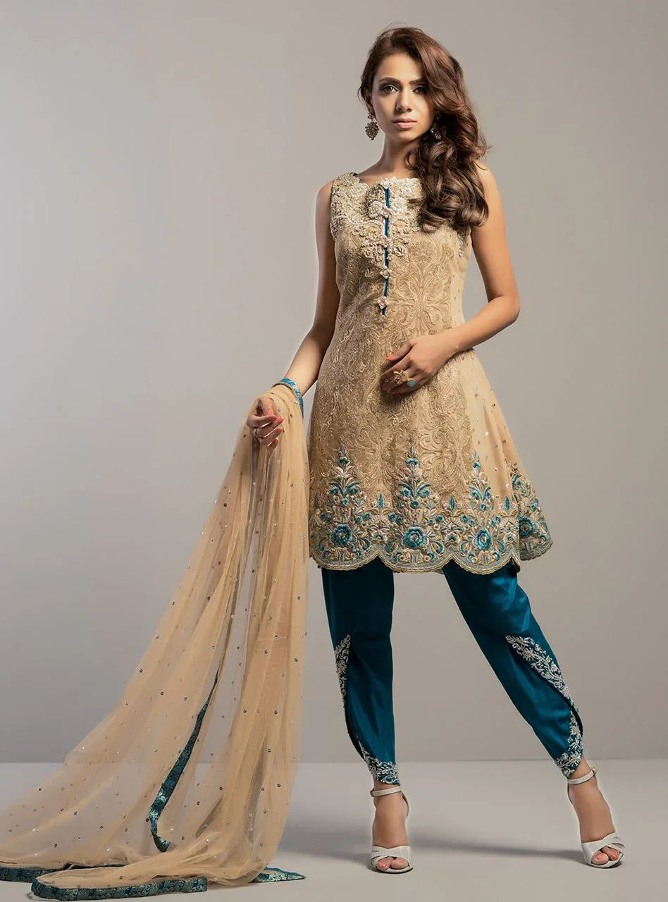 Zainab Chottani | Semi Formals | BEIGE GOLD WITH TEAL DRESS - Aqsa Fabrics