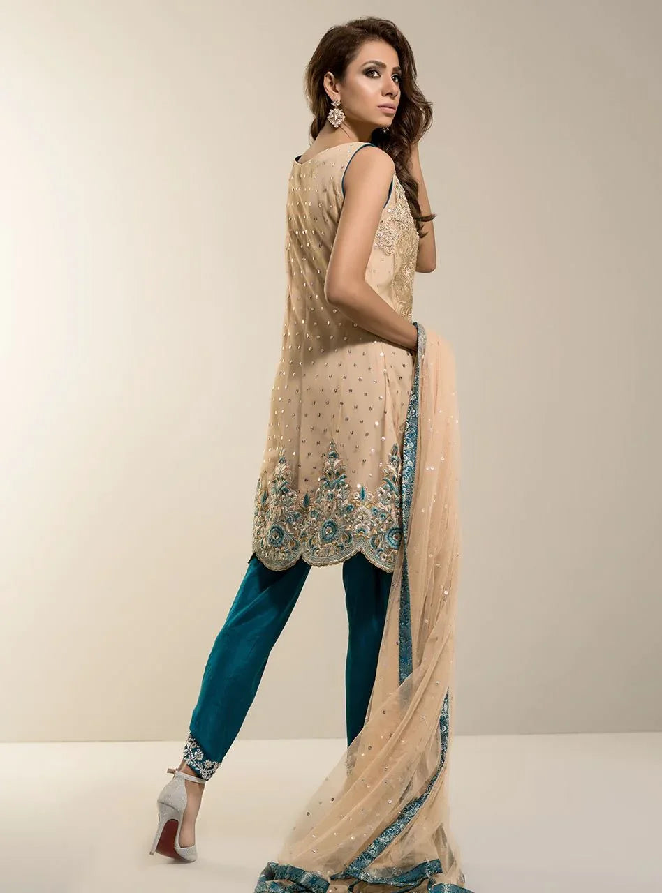 Zainab Chottani | Semi Formals | BEIGE GOLD WITH TEAL DRESS - Aqsa Fabrics