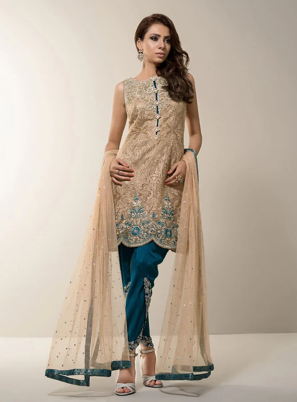 Zainab Chottani | Semi Formals | BEIGE GOLD WITH TEAL DRESS - Aqsa Fabrics