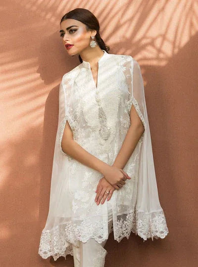 Zainab Chottani | The Kaftan Edit | Chiffon White Cape - Aqsa Fabrics