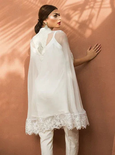 Zainab Chottani | The Kaftan Edit | Chiffon White Cape - Aqsa Fabrics