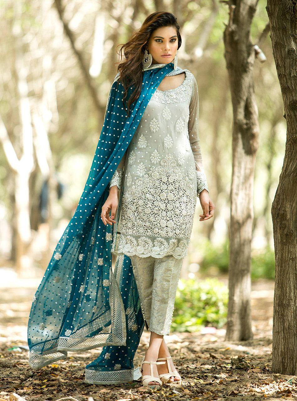 Zainab Chottani | Semi Formals | SILVER AND TEAL DRESS - Aqsa Fabrics