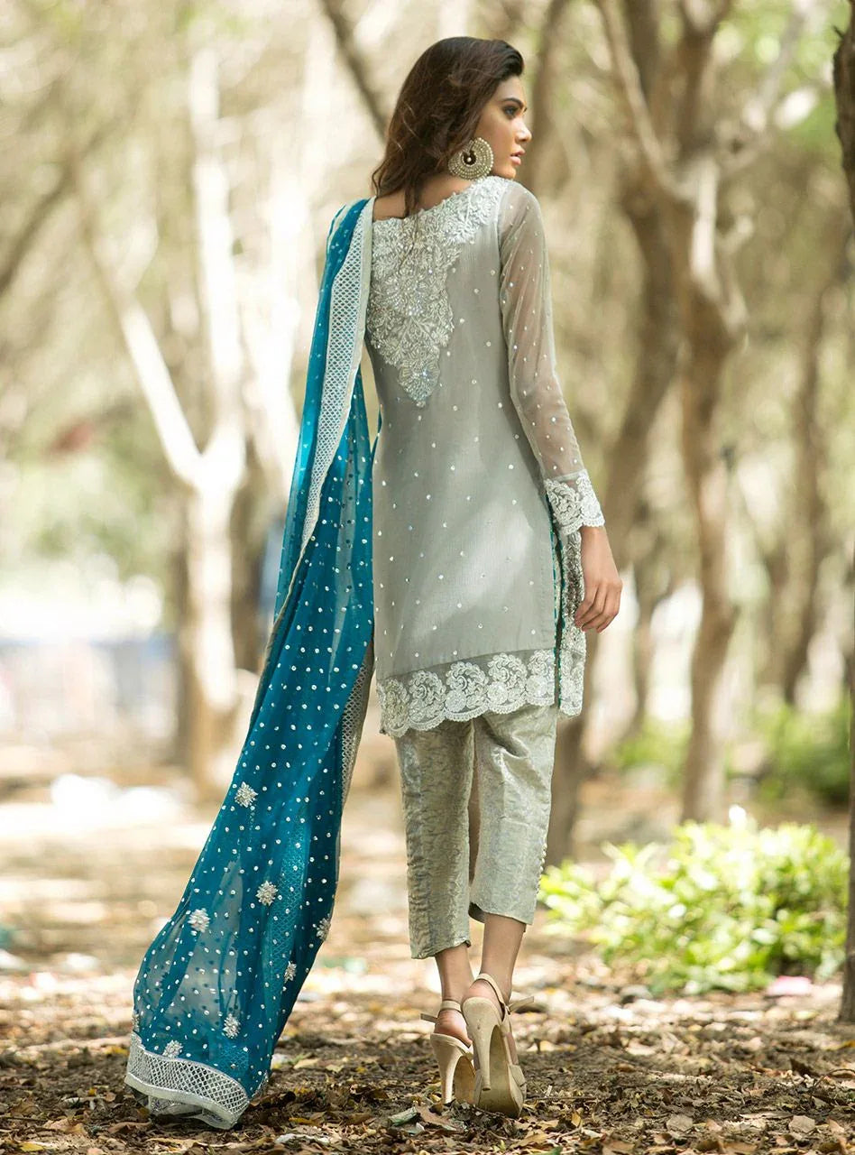 Zainab Chottani | Semi Formals | SILVER AND TEAL DRESS - Aqsa Fabrics