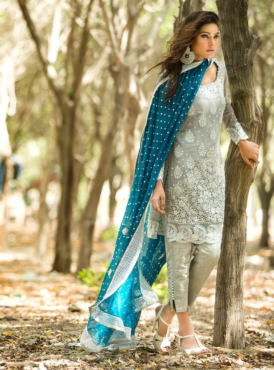 Zainab Chottani | Semi Formals | SILVER AND TEAL DRESS - Aqsa Fabrics