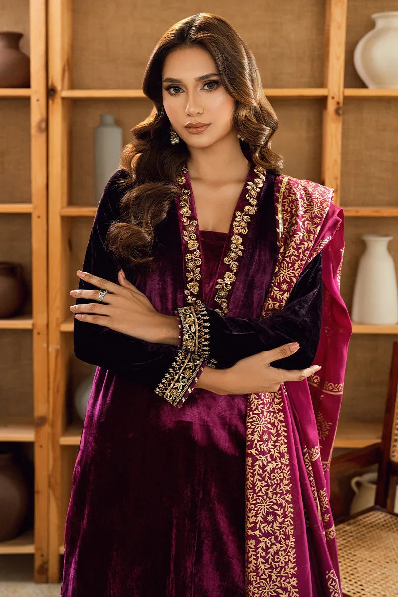 Fatima Khan | Warm Whisper Velvet 25 | Majestic Garnet - Aqsa Fabrics