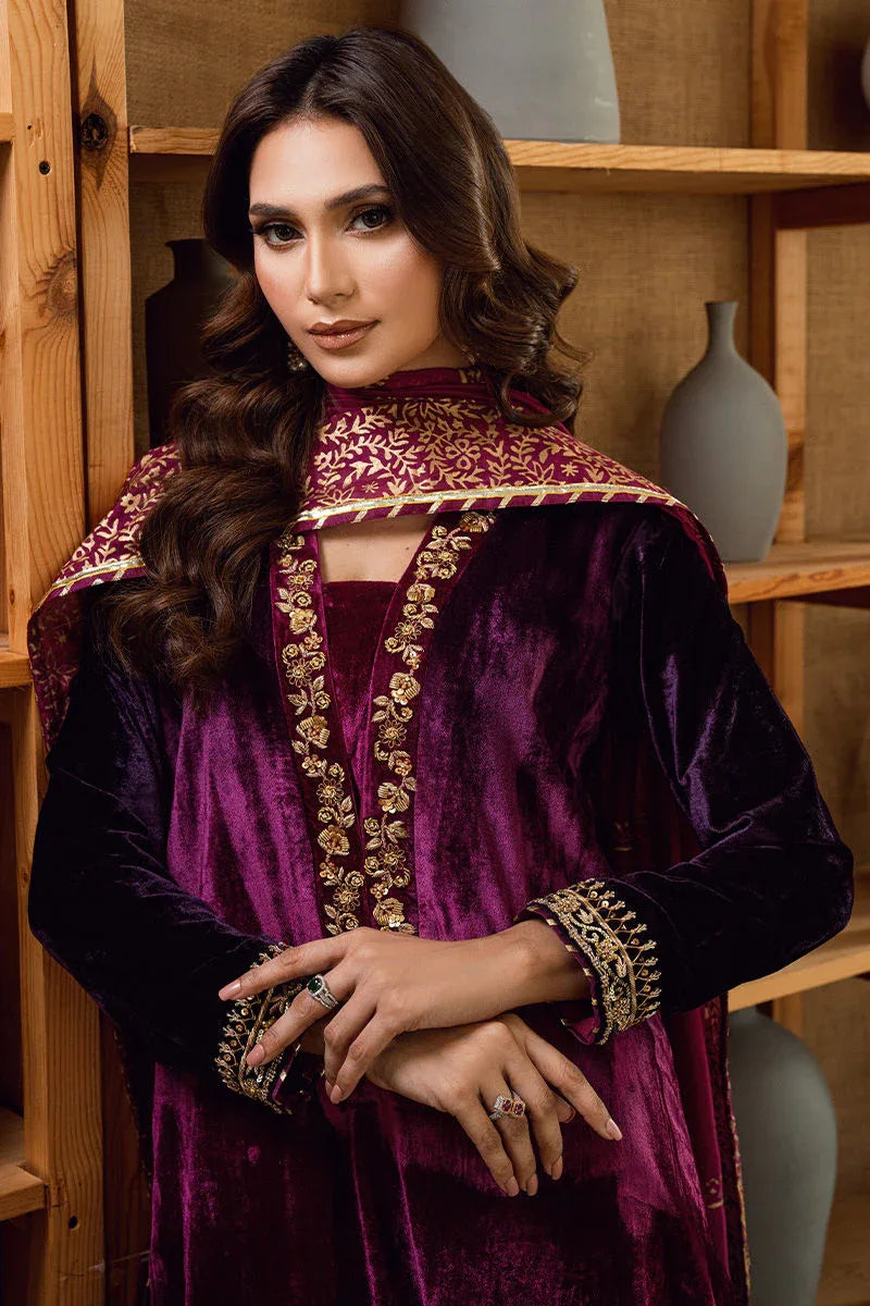 Fatima Khan | Warm Whisper Velvet 25 | Majestic Garnet - Aqsa Fabrics
