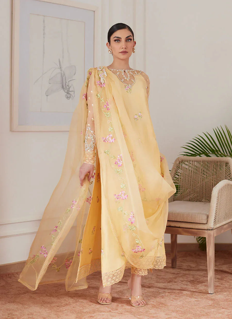 Farah Talib Aziz | Luna Eid Collection 24 | CYRILLA PALE YELLOW - Aqsa Fabrics