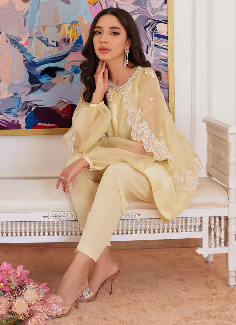 Farah Talib Aziz | Luna Eid Collection 24 | ESMERALDA PASTEL YELLOW - Aqsa Fabrics