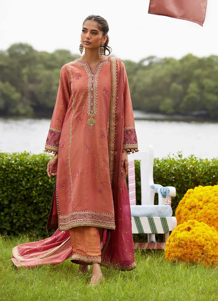 Farah Talib Aziz | Mayna Festive Luxe Pret | Rivaaz Coral Shirt And Dupatta - Aqsa Fabrics