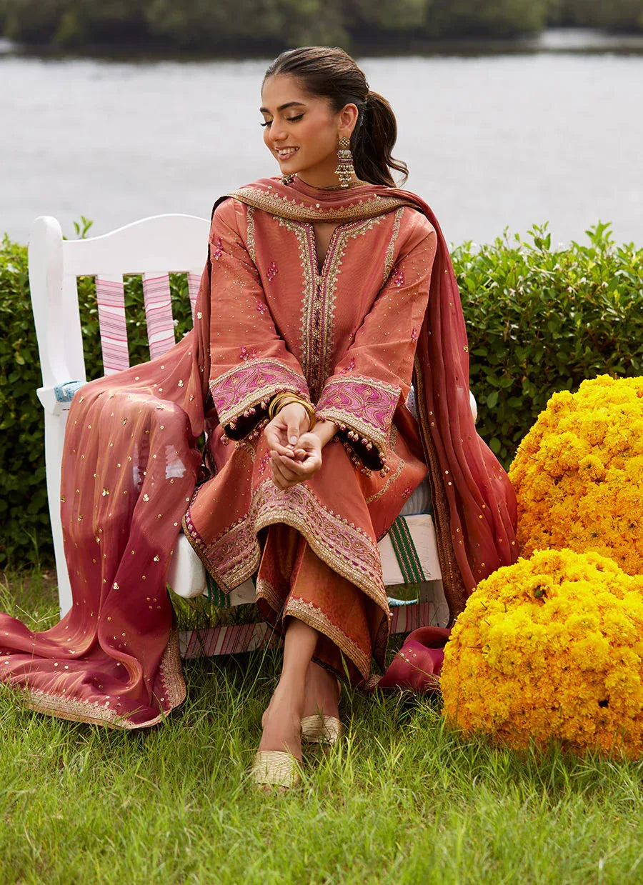 Farah Talib Aziz | Mayna Festive Luxe Pret | Rivaaz Coral Shirt And Dupatta - Aqsa Fabrics