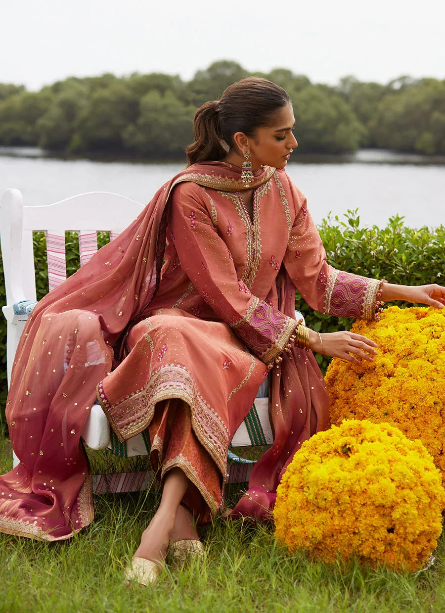 Farah Talib Aziz | Mayna Festive Luxe Pret | Rivaaz Coral Shirt And Dupatta - Aqsa Fabrics