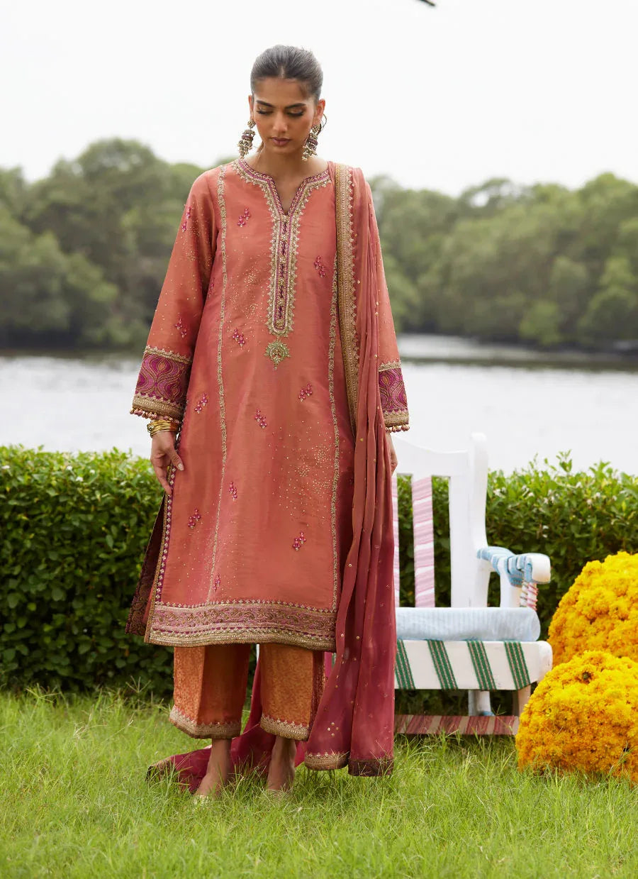 Farah Talib Aziz | Mayna Festive Luxe Pret | Rivaaz Coral Shirt And Dupatta - Aqsa Fabrics