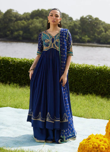 Farah Talib Aziz | Mayna Festive Luxe Pret | Zari Navy Kalidaar And Dupatta - Aqsa Fabrics