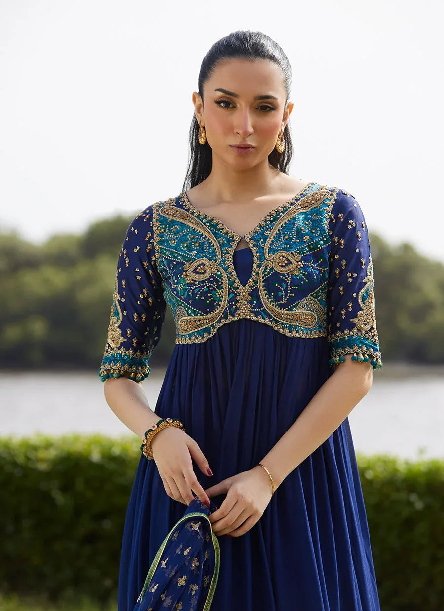 Farah Talib Aziz | Mayna Festive Luxe Pret | Zari Navy Kalidaar And Dupatta - Aqsa Fabrics