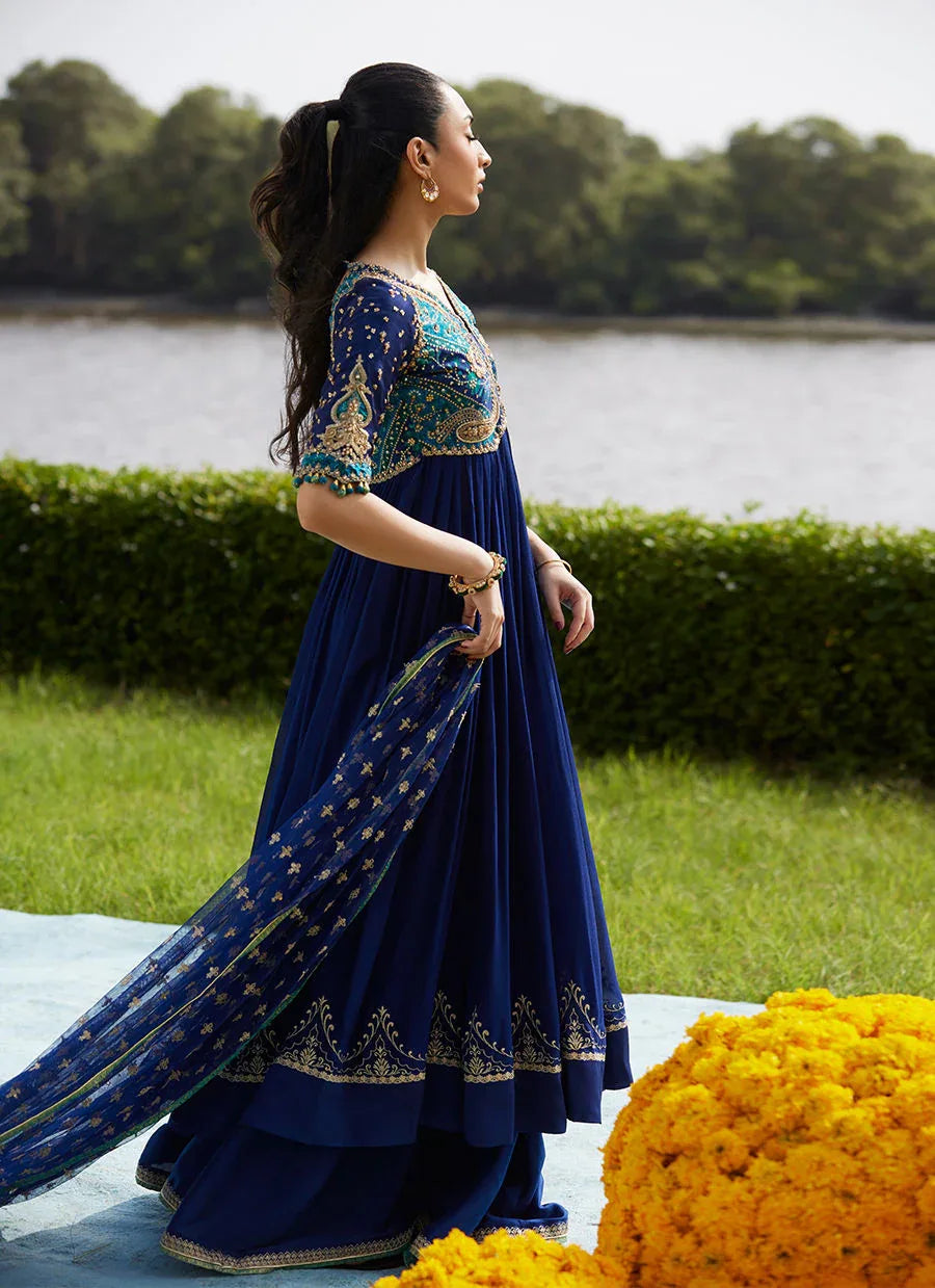 Farah Talib Aziz | Mayna Festive Luxe Pret | Zari Navy Kalidaar And Dupatta - Aqsa Fabrics