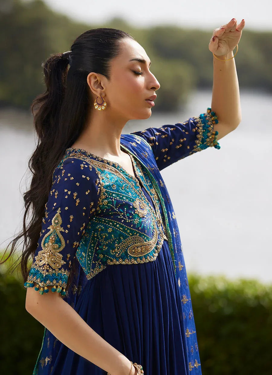 Farah Talib Aziz | Mayna Festive Luxe Pret | Zari Navy Kalidaar And Dupatta - Aqsa Fabrics