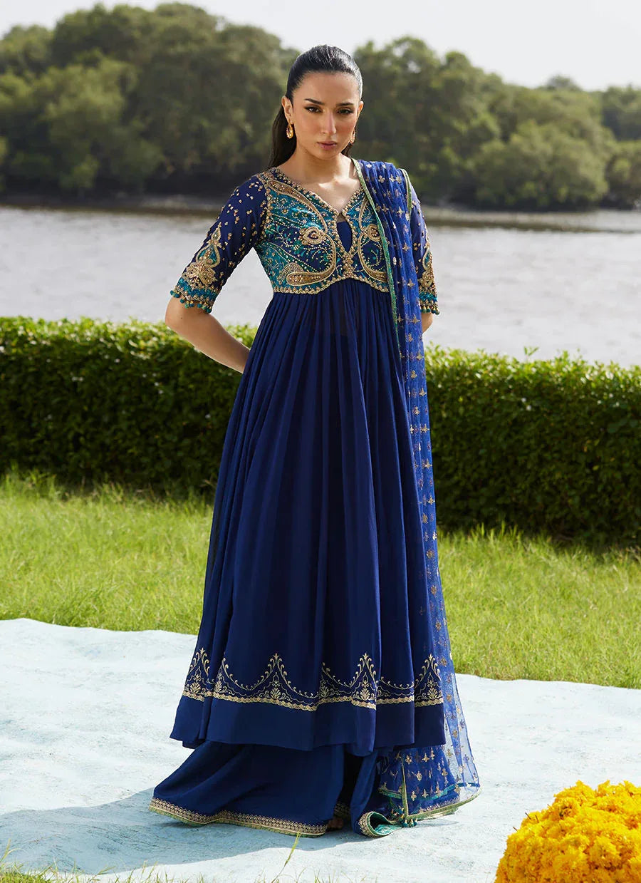 Farah Talib Aziz | Mayna Festive Luxe Pret | Zari Navy Kalidaar And Dupatta - Aqsa Fabrics