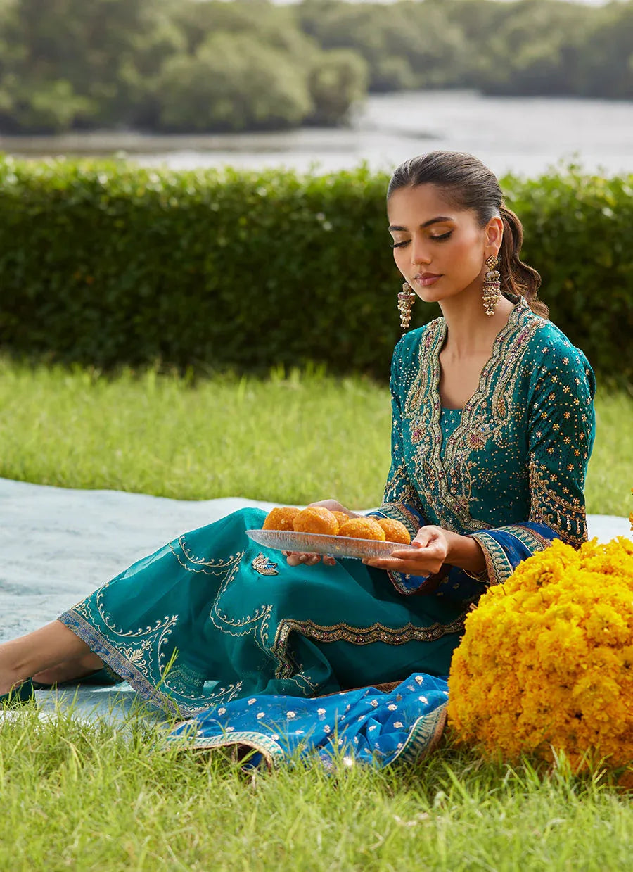 Farah Talib Aziz | Mayna Festive Luxe Pret | Empress Emerald Kalidaar And Dupatta - Aqsa Fabrics