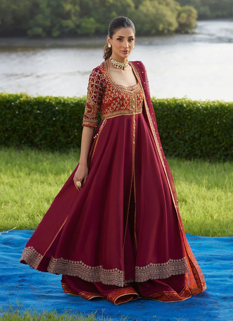 Farah Talib Aziz | Mayna Festive Luxe Pret | Anarq Crimson Kalidaar And Dupatta - Aqsa Fabrics