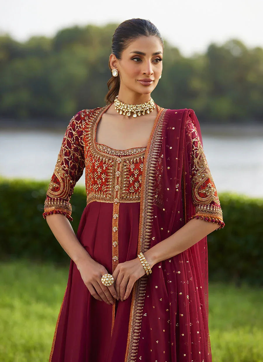Farah Talib Aziz | Mayna Festive Luxe Pret | Anarq Crimson Kalidaar And Dupatta - Aqsa Fabrics
