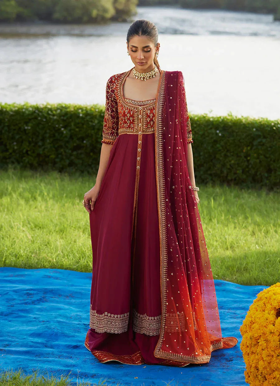 Farah Talib Aziz | Mayna Festive Luxe Pret | Anarq Crimson Kalidaar And Dupatta - Aqsa Fabrics