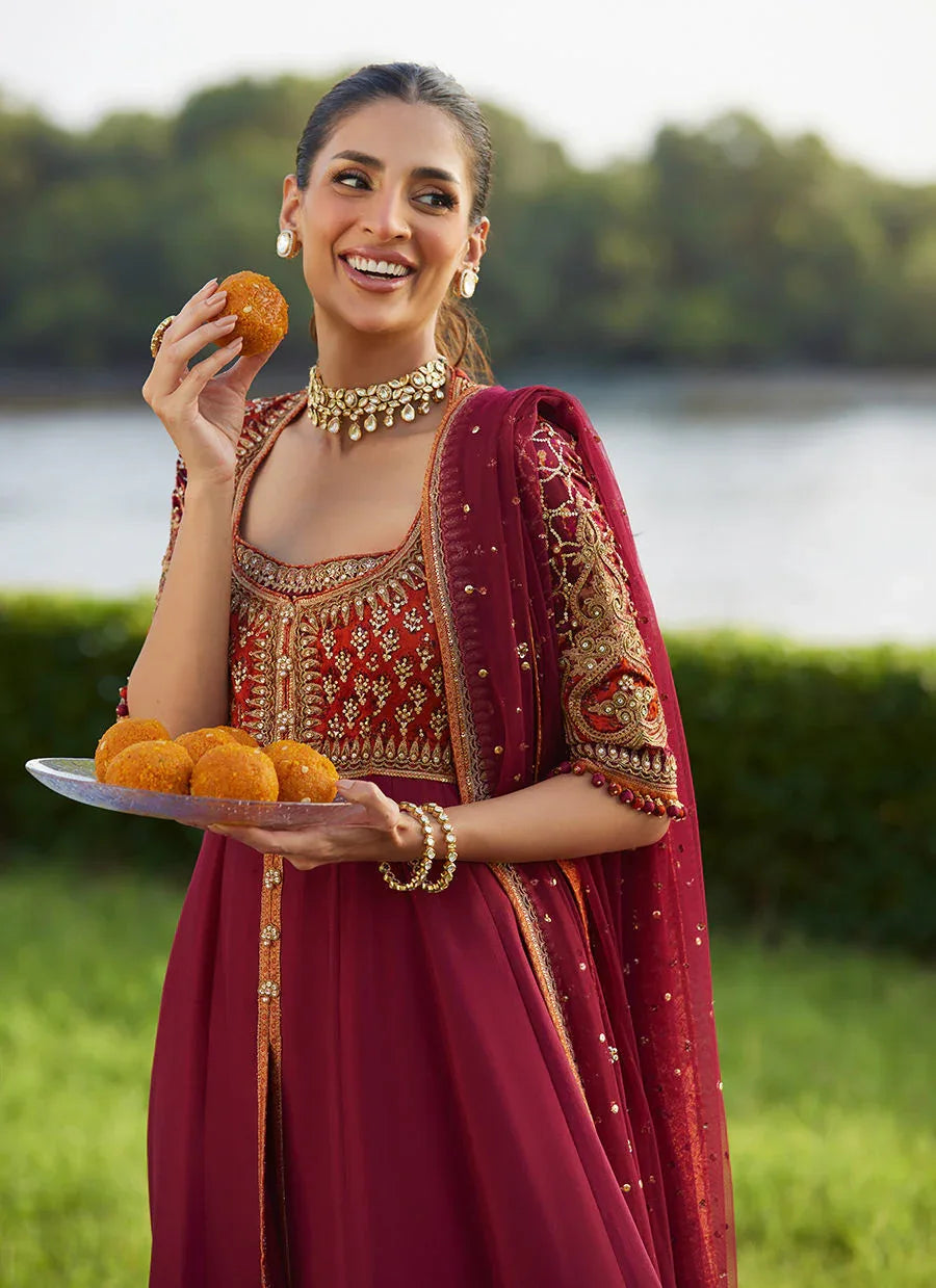 Farah Talib Aziz | Mayna Festive Luxe Pret | Anarq Crimson Kalidaar And Dupatta - Aqsa Fabrics