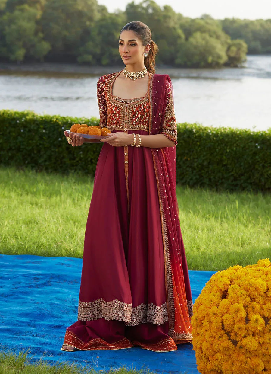 Farah Talib Aziz | Mayna Festive Luxe Pret | Anarq Crimson Kalidaar And Dupatta - Aqsa Fabrics