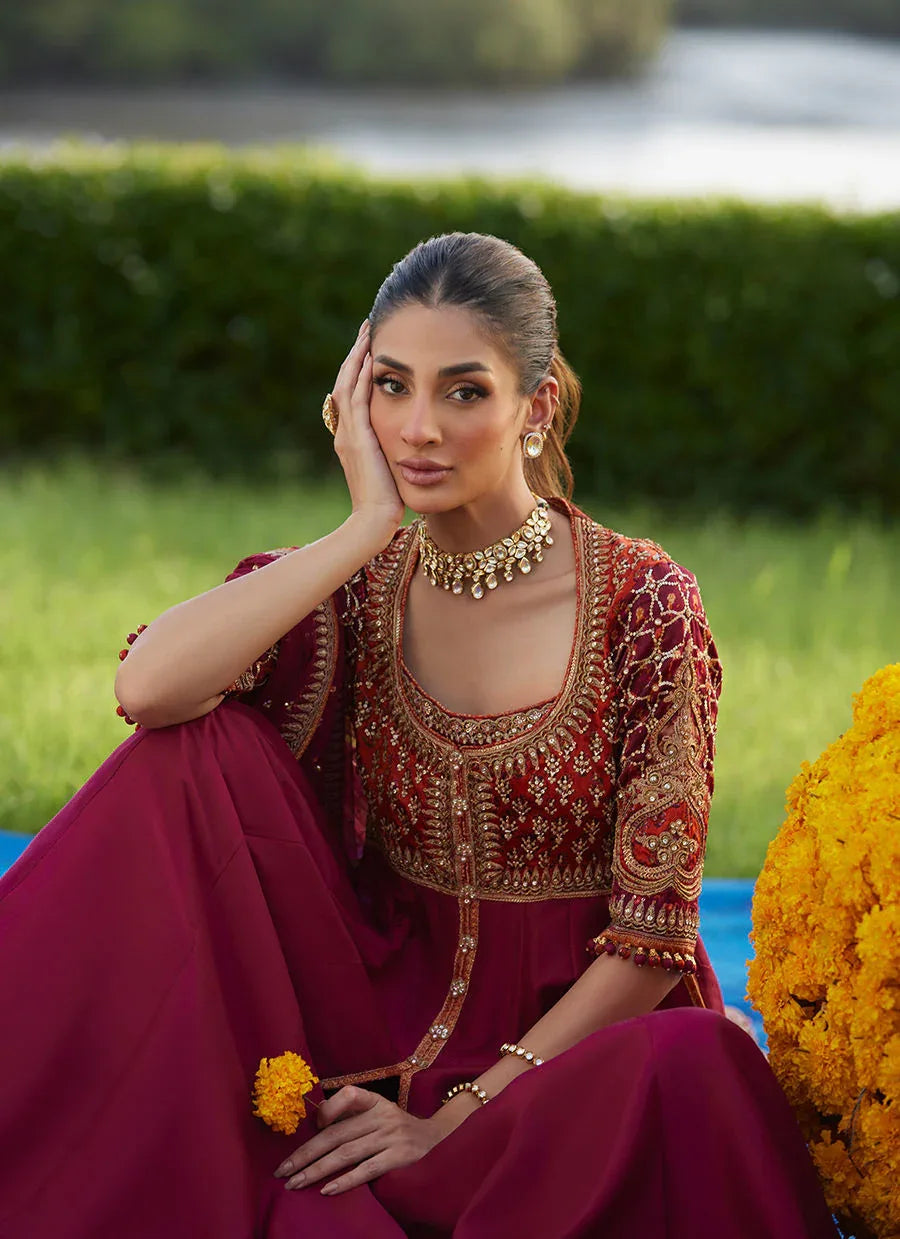 Farah Talib Aziz | Mayna Festive Luxe Pret | Anarq Crimson Kalidaar And Dupatta - Aqsa Fabrics