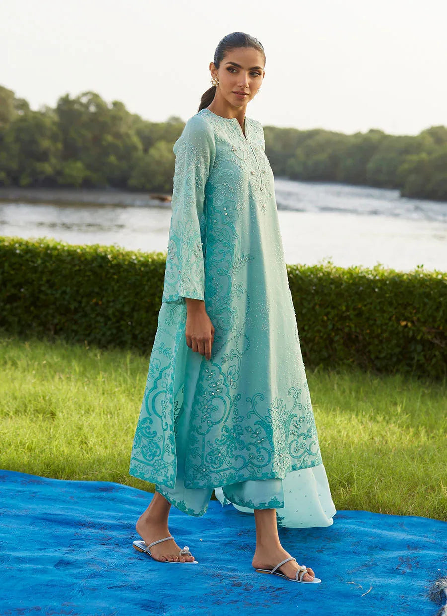 Farah Talib Aziz | Mayna Festive Luxe Pret | Wari Aqua Kurta And Dupatta - Aqsa Fabrics