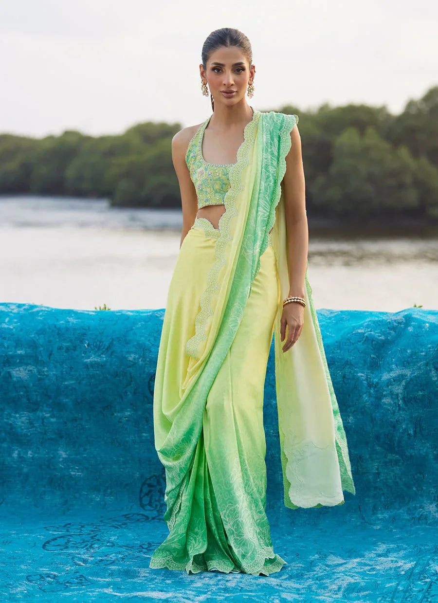 Farah Talib Aziz | Mayna Festive Luxe Pret | Celeste Ombre Saree - Aqsa Fabrics