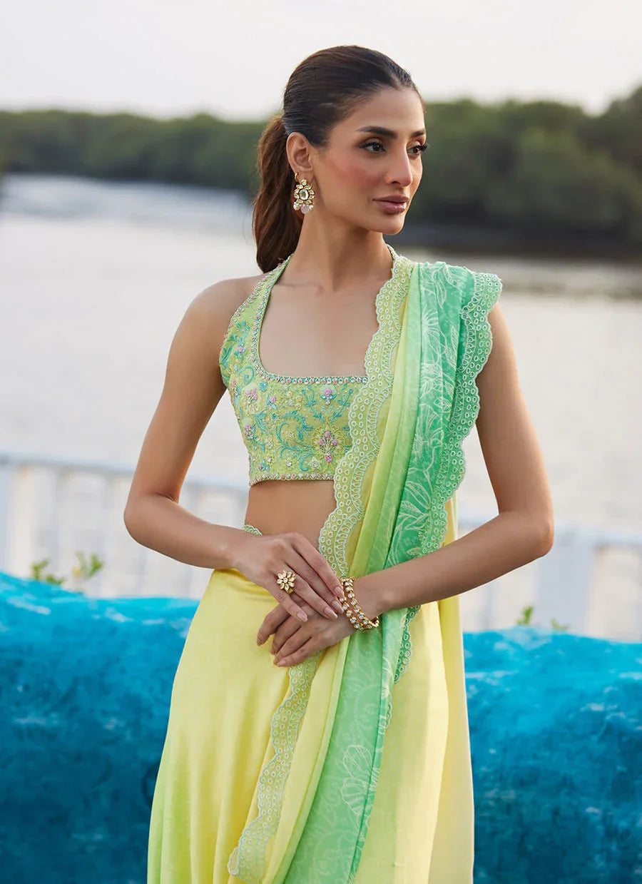 Farah Talib Aziz | Mayna Festive Luxe Pret | Celeste Ombre Saree - Aqsa Fabrics