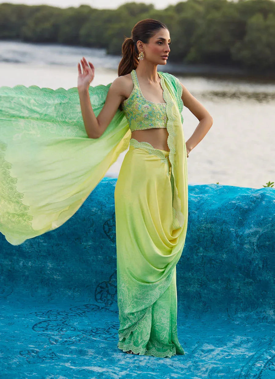 Farah Talib Aziz | Mayna Festive Luxe Pret | Celeste Ombre Saree - Aqsa Fabrics