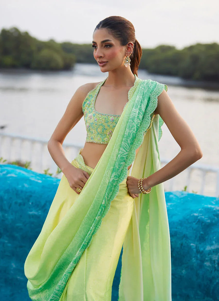 Farah Talib Aziz | Mayna Festive Luxe Pret | Celeste Ombre Saree - Aqsa Fabrics