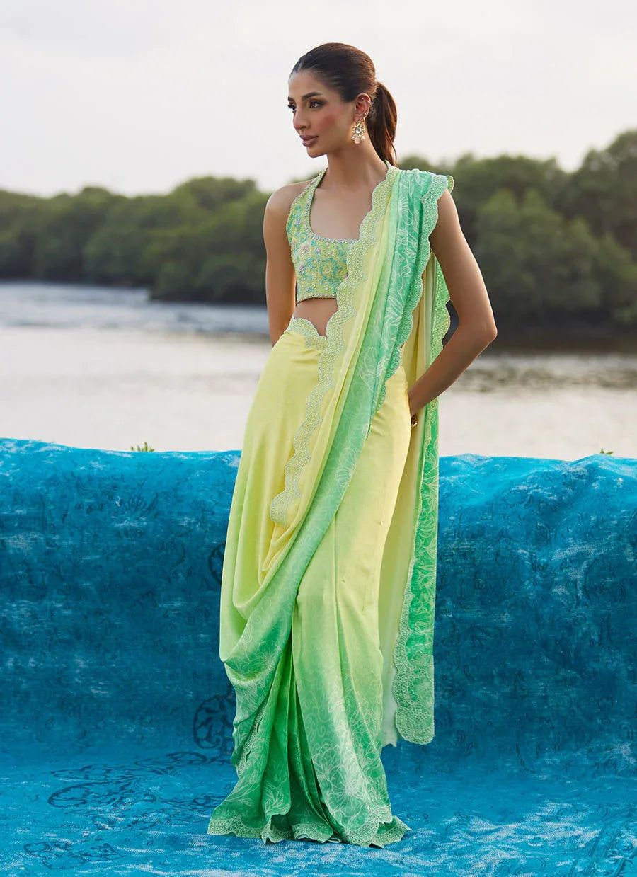 Farah Talib Aziz | Mayna Festive Luxe Pret | Celeste Ombre Saree - Aqsa Fabrics