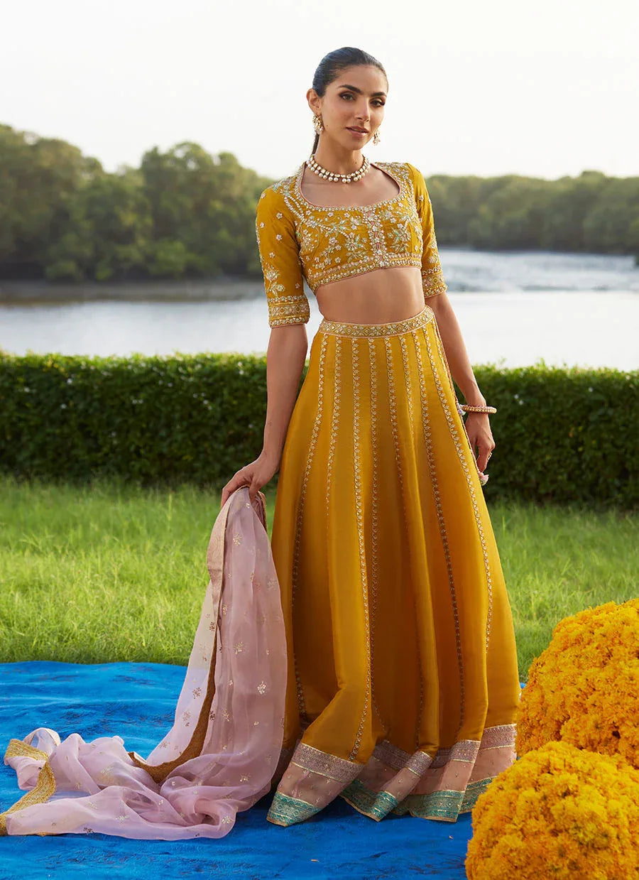 Farah Talib Aziz | Mayna Festive Luxe Pret | Zard Lengha Choli - Aqsa Fabrics
