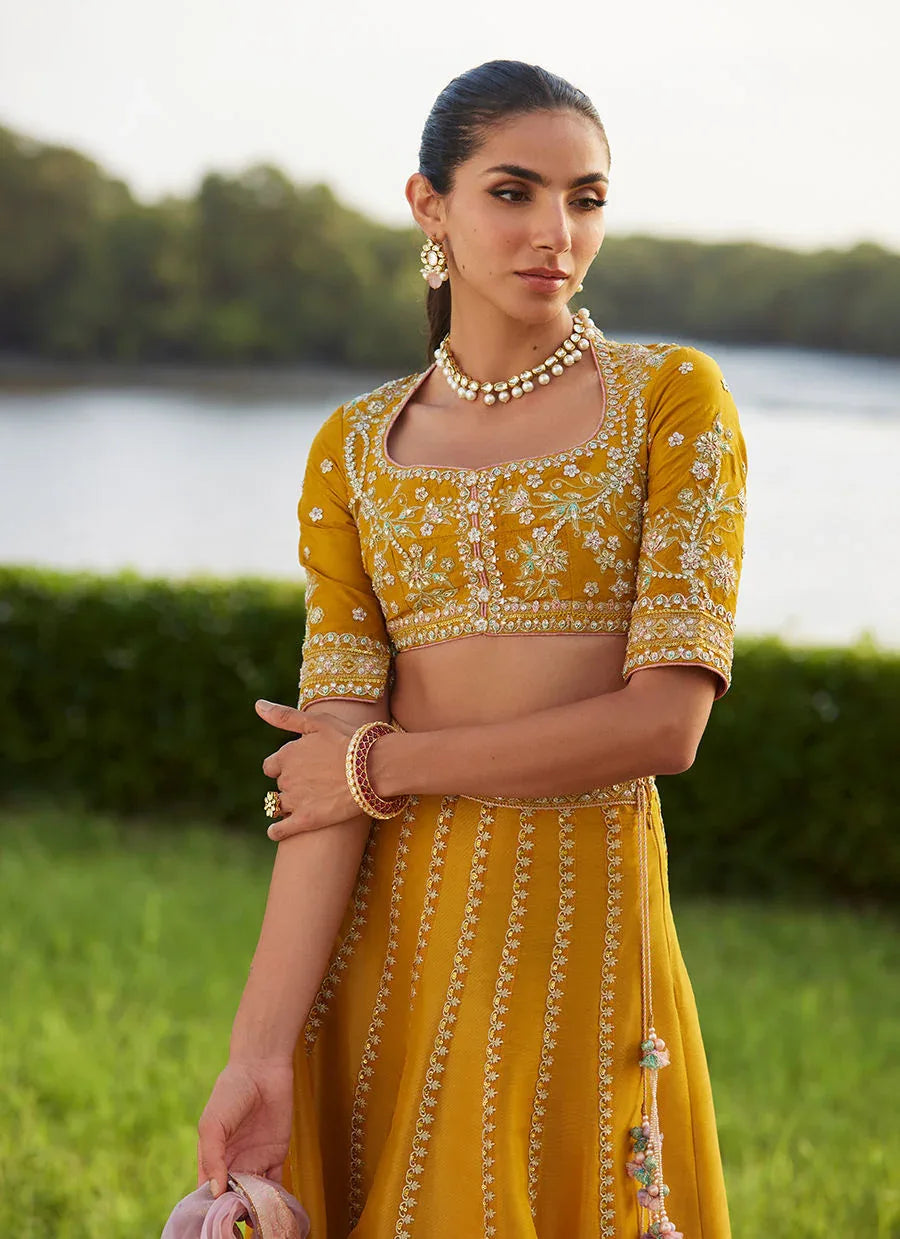 Farah Talib Aziz | Mayna Festive Luxe Pret | Zard Lengha Choli - Aqsa Fabrics