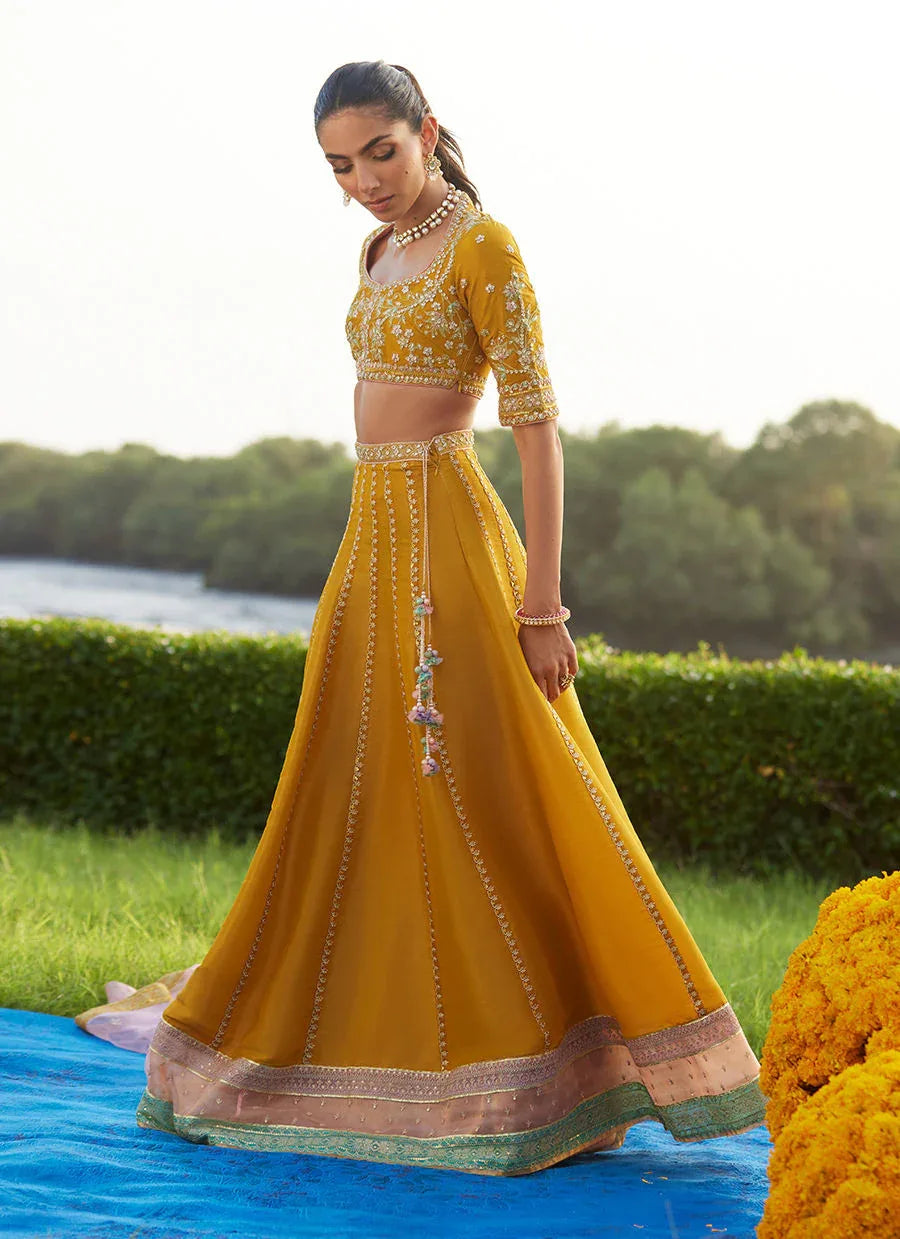 Farah Talib Aziz | Mayna Festive Luxe Pret | Zard Lengha Choli - Aqsa Fabrics